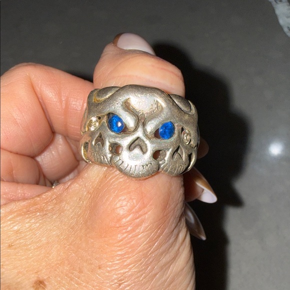 Travis Walker double cross Silver Skull Ring with sapphire  Accents - Picture 2 of 11